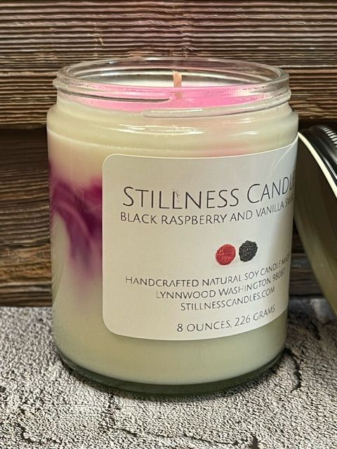 Black Raspberry and Vanilla Swirl Natural Soy Candle 8 oz clear vessel