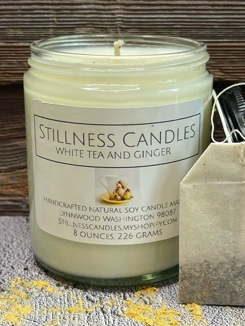 White Tea and Ginger Natural Soy Candle 8 oz clear vessel